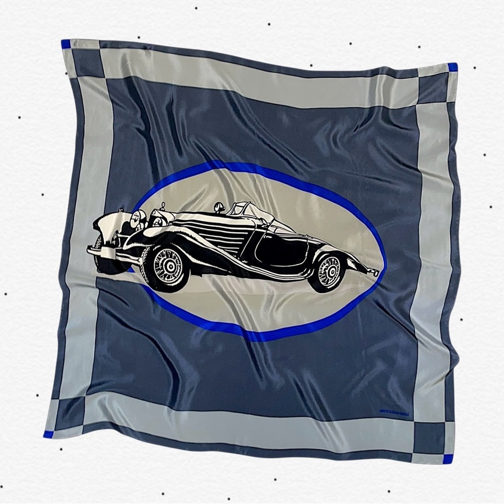 Vintage Mercedes Benz Car Print Silk Square Bandana Scarf in Navy and Gray